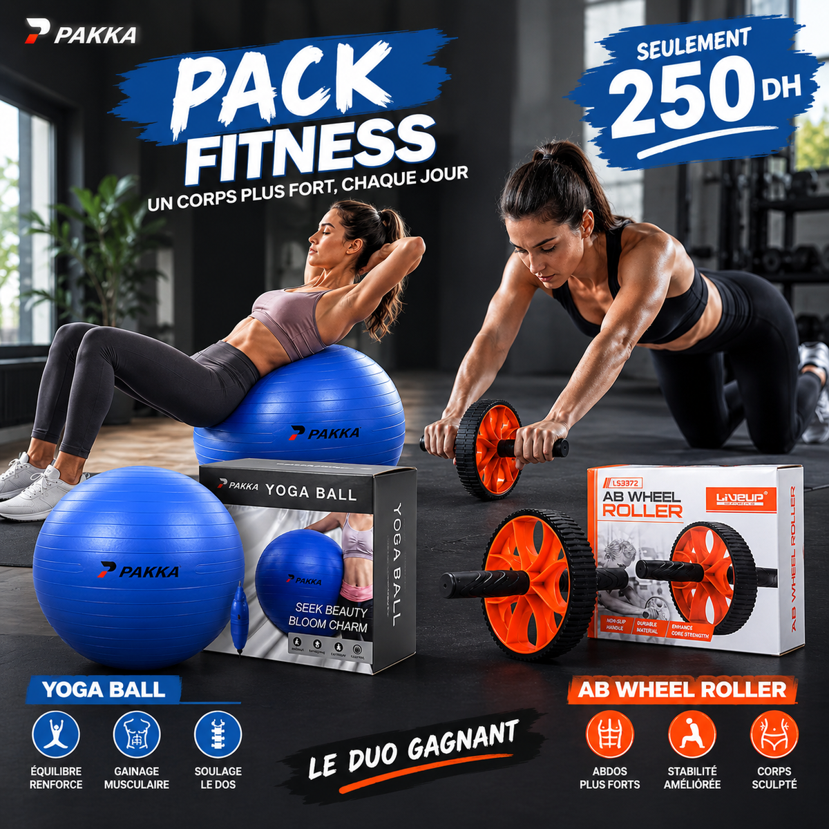 Pack Fitness 2 en 1 – Yoga Ball + Ab Wheel à 250 DH