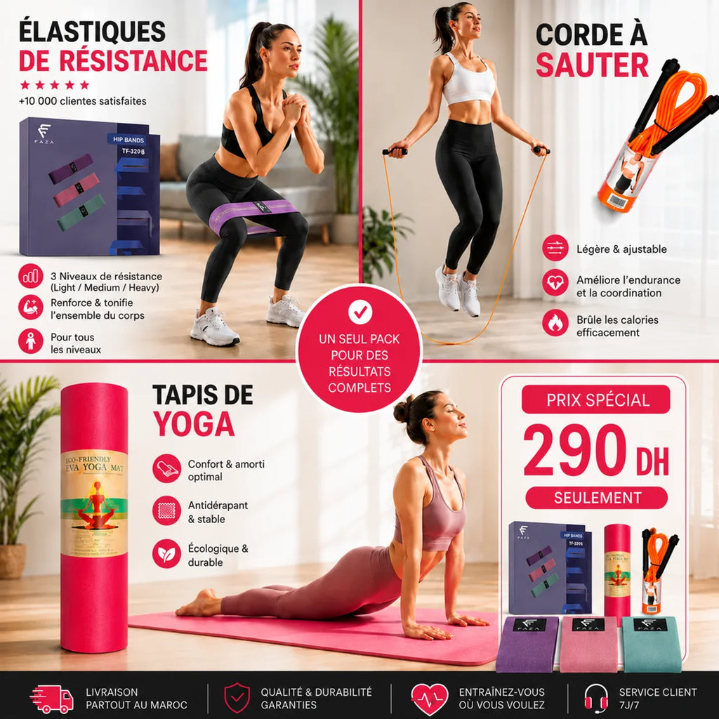 Pack Fitness– Tapis de Yoga, Corde & Bandes en Tissu