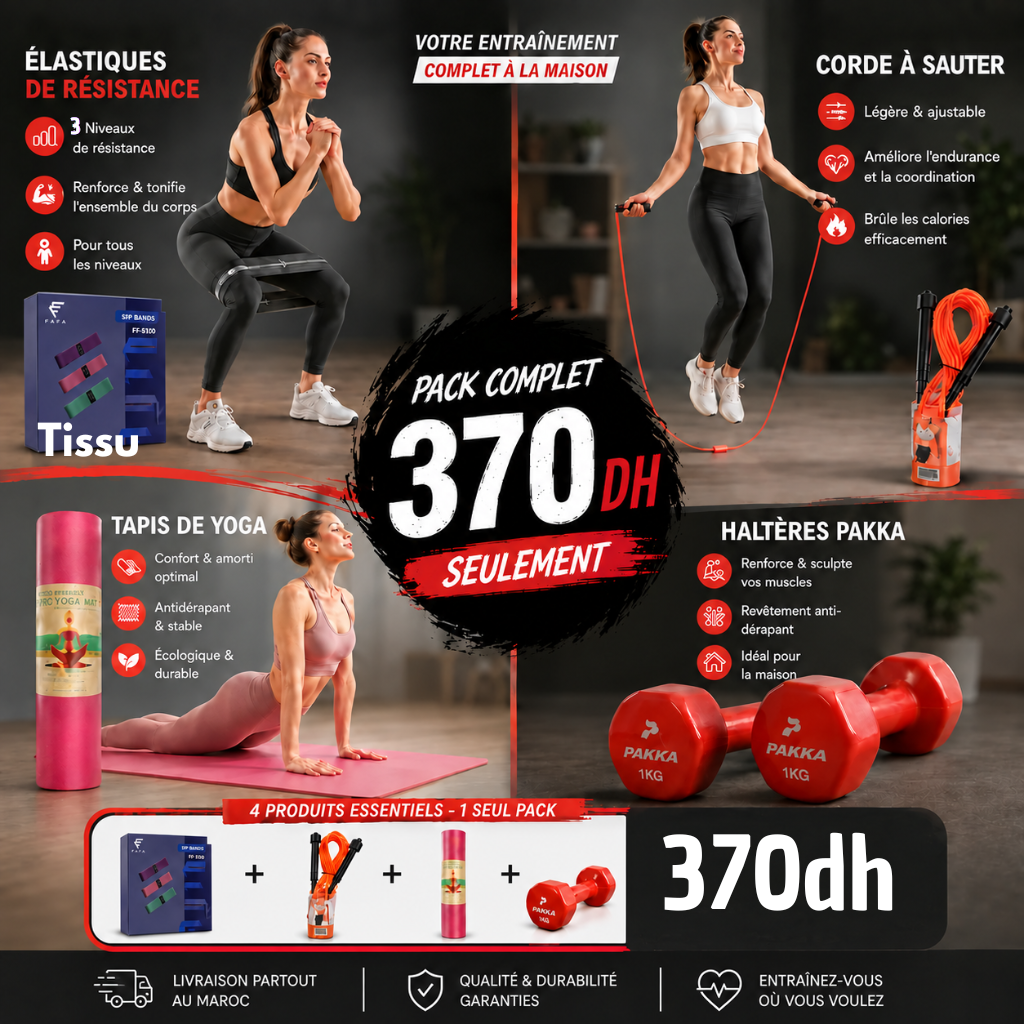 Pack Fitness Complet – Bandes en Tissu, Haltères, Tapis & Corde